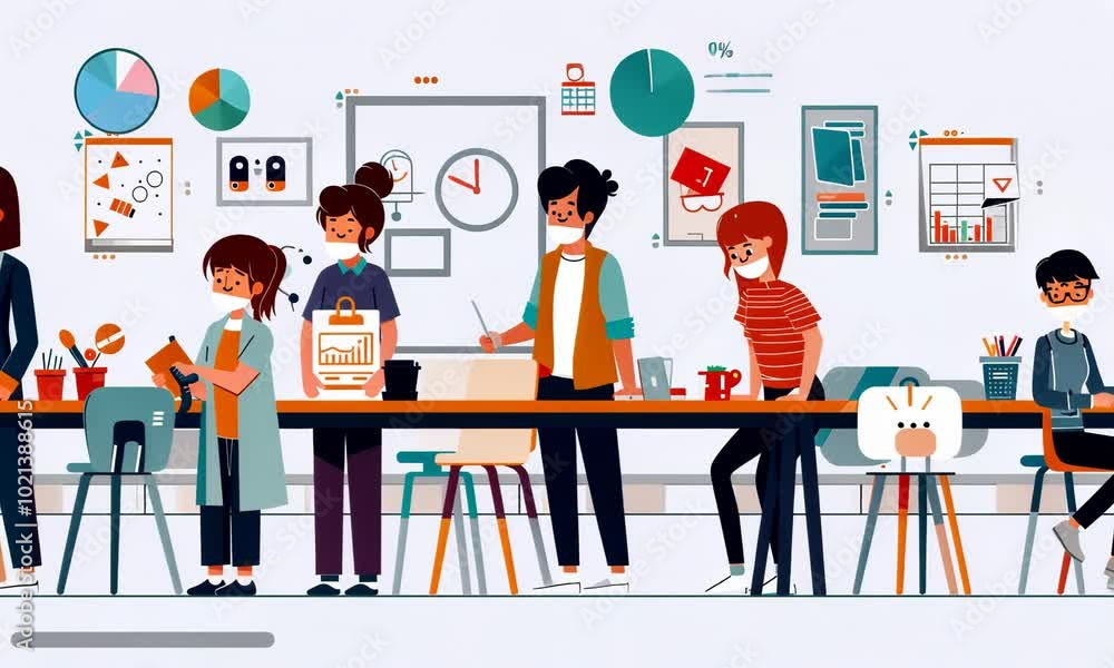 A group of people are sitting at a long table in a classroom Video A group of people are sitting at a long table in a classroom Video