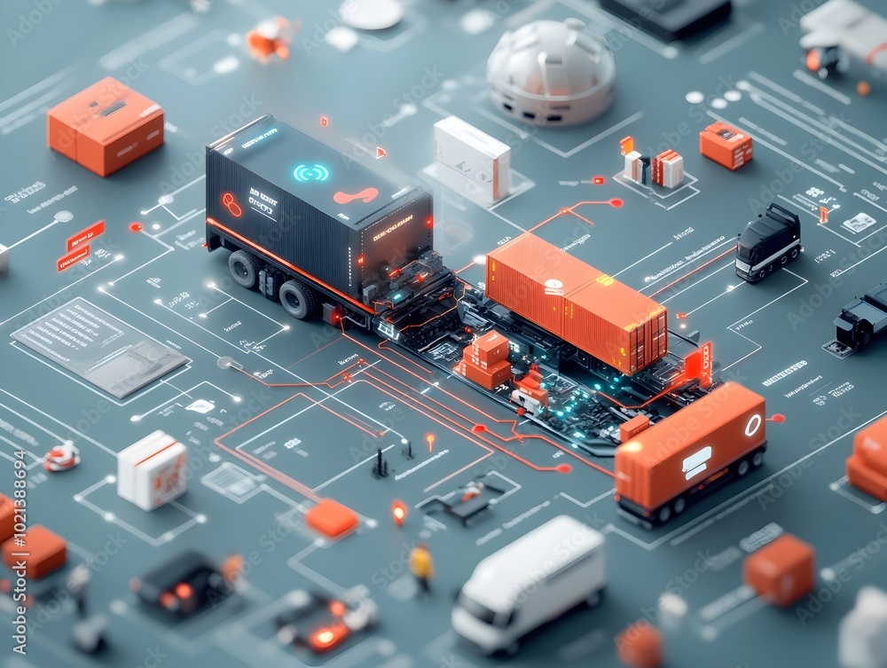 Cutaway diagram showcasing the inner workings of an AI powered logistics platform with complex data flows algorithms real time tracking scheduling Cutaway diagram showcasing the inner workings of an AI powered logistics platform with complex data flows algorithms real time tracking scheduling