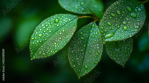 雨后的树叶上，缀满了清澈晶莹的雨滴 