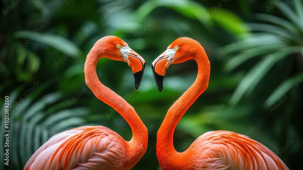 Fototapeta premium Two flamingos forming a heart shape with their necks amidst lush greenery.
