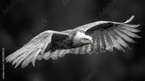 Black and white an eagle in flight, with detailed feathers, against a dark background. The contrast between the light from its wings and body creates sharp lines that highlight motion  photo