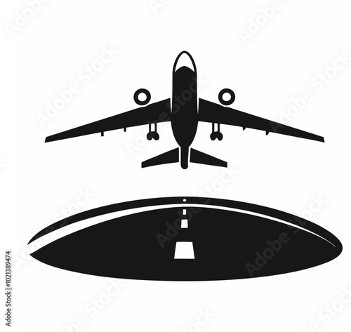 Vector illustration of an airplane taking off from a runway. Front view of air transport taking off from a civil airline silhouette and airplane icon.