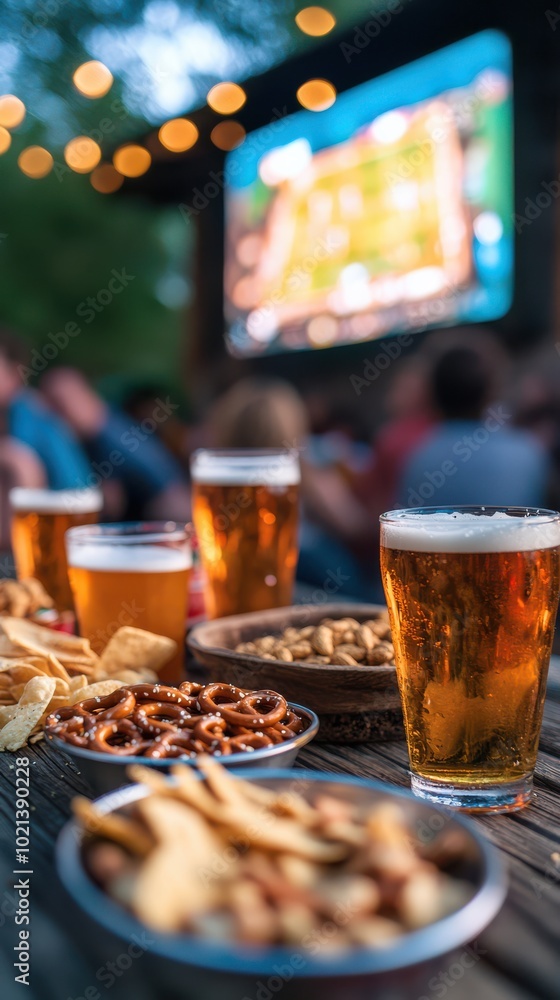Frosty beer and hors d'oeuvres on a rustic table during Summer evening with a blurry outdoor bar in the background Frosty beer and hors d'oeuvres on a rustic table during Summer evening with a blurry outdoor bar in the background