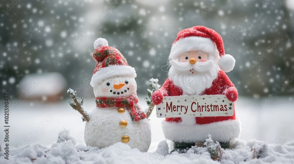 A festive scene featuring a snowman and Santa Claus celebrating Christmas in a snowy landscape. A festive scene featuring a snowman and Santa Claus celebrating Christmas in a snowy landscape.