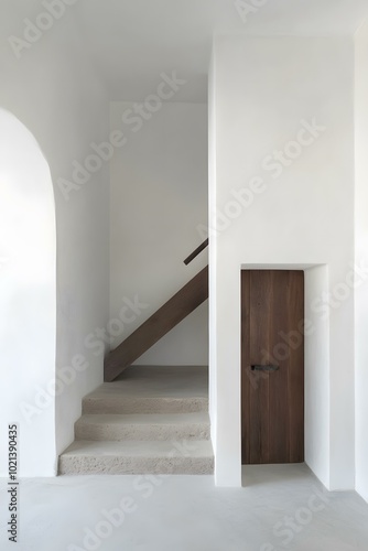 Minimalist White Interior Design with Concrete Stairs and Wooden Door