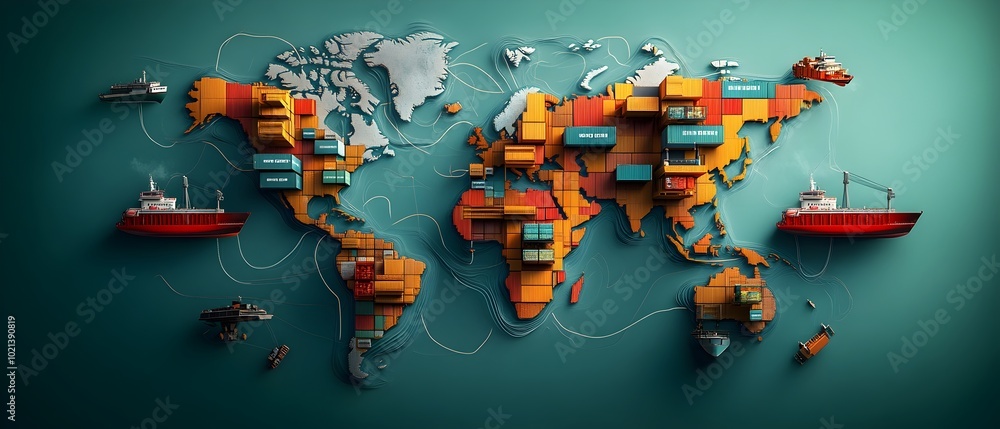 Fototapeta premium Futuristic Global Logistics dynamic world map visualizing intricate supply chain networks container ships traversing transoceanic shipping lanes