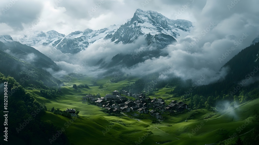 Fototapeta premium Aerial view of the Swiss Alps, overcast sky, green grassy hills with small buildings and winding roads leading to mountains in the distance