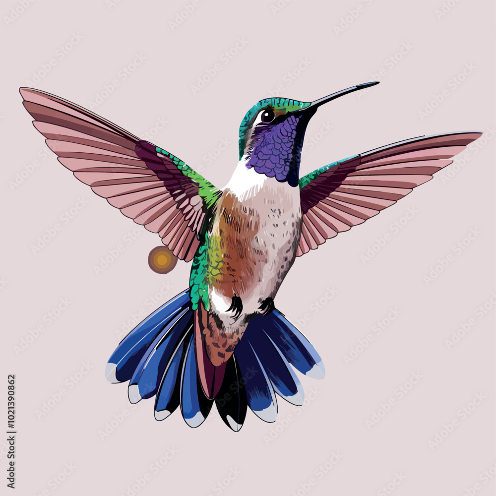 Obraz premium Hummingbird watercolor flowers and in flight. Traditional oriental ink painting vector