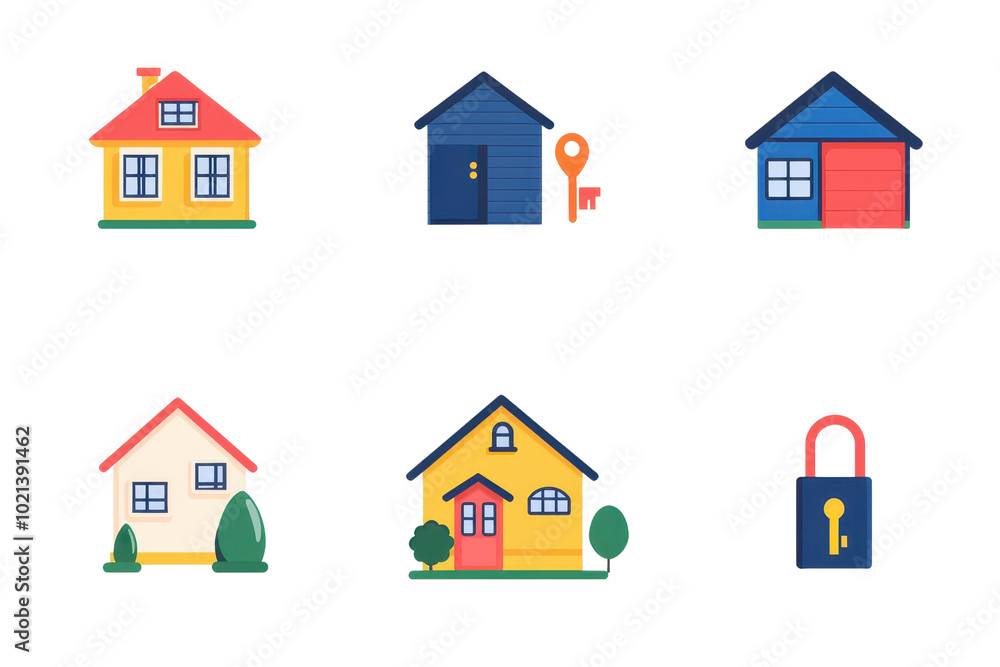 Fototapeta premium Colorful vector icons of houses and locks representing security and home safety. Ideal for illustrating housing and protection concepts.