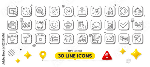 Time management, Employee result and 24 hours line icons pack. 3d design elements. Recovery gear, Digestion, Musical note web icon. New mail, Cyber attack, Speech bubble pictogram. Vector