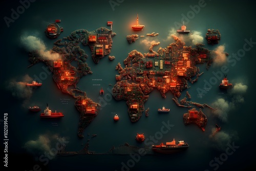 Technological advancements revolutionize worldwide logistics an intricate world map depicting interconnected supply chains and maritime shipping routes