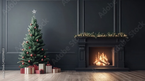 Christmas tree and holidays present on fireplace background