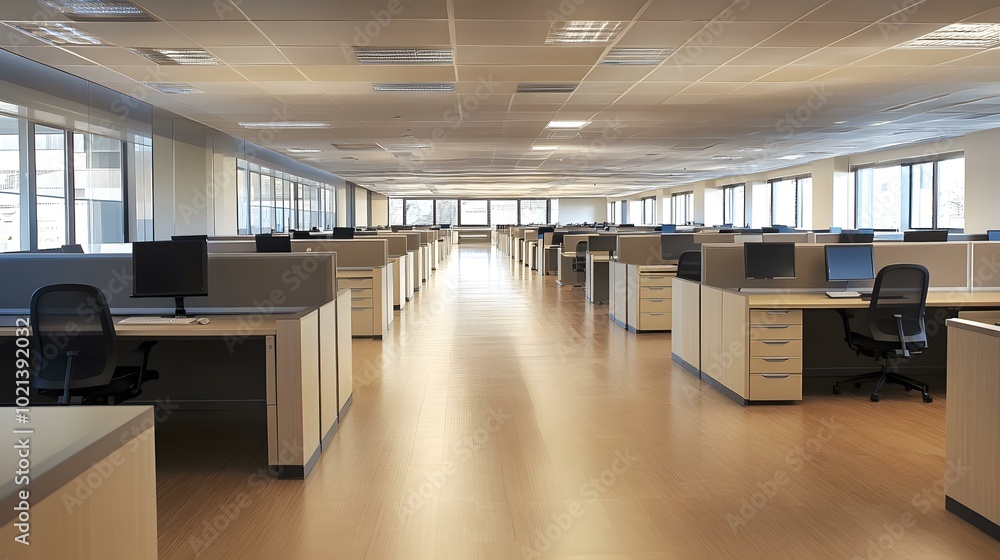 Empty Modern Office Workspace with Desks and Chairs Empty Modern Office Workspace with Desks and Chairs