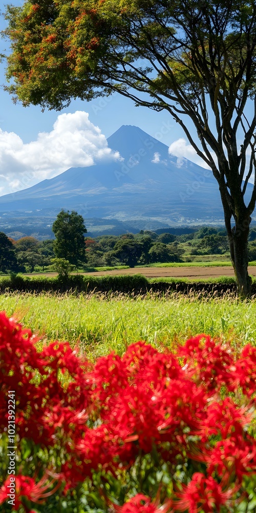 Red Spider Lily Flowers Blooming in Front of Mount Fuji Red Spider Lily Flowers Blooming in Front of Mount Fuji