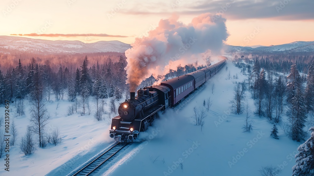 Snowcovered train winding through mountainous terrain, steam rising from engine, golden hour, aerial shot Snowcovered train winding through mountainous terrain, steam rising from engine, golden hour, aerial shot