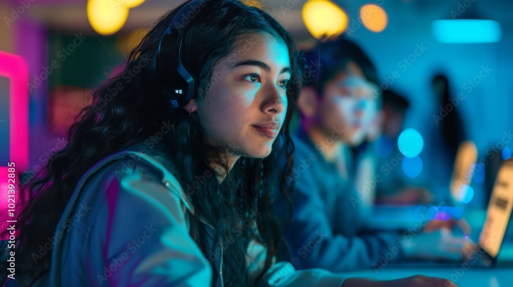 Focused Gamer in a High-Tech Space with Colorful Lights and Headset Focused Gamer in a High-Tech Space with Colorful Lights and Headset