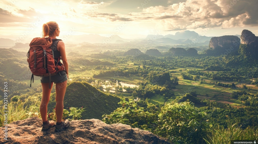 Naklejka premium Adventurous woman exploring a stunning landscape with mountains and greenery.