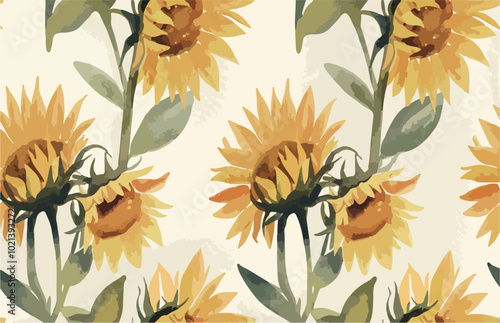 Simple watercolor sunflowers with minimal details, soft yellow petals on a pale cream background.eps