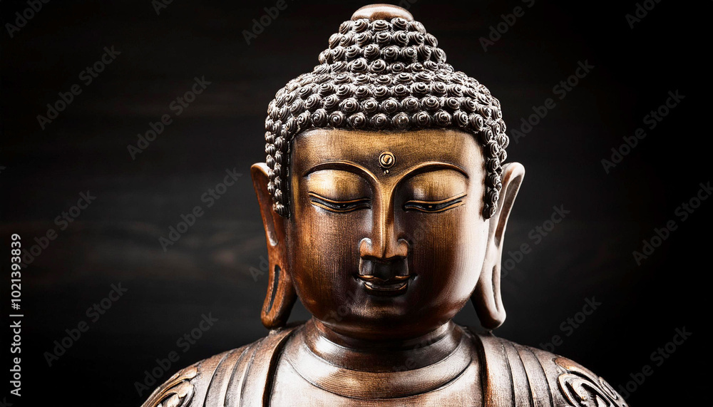 custom made wallpaper toronto digitalstatue of buddha, a traditional Tibetan Buddha statue, beautifully crafted in gold and bronze tones, set against a stark black background, serene expression on the Buddha's face reflects tranquility