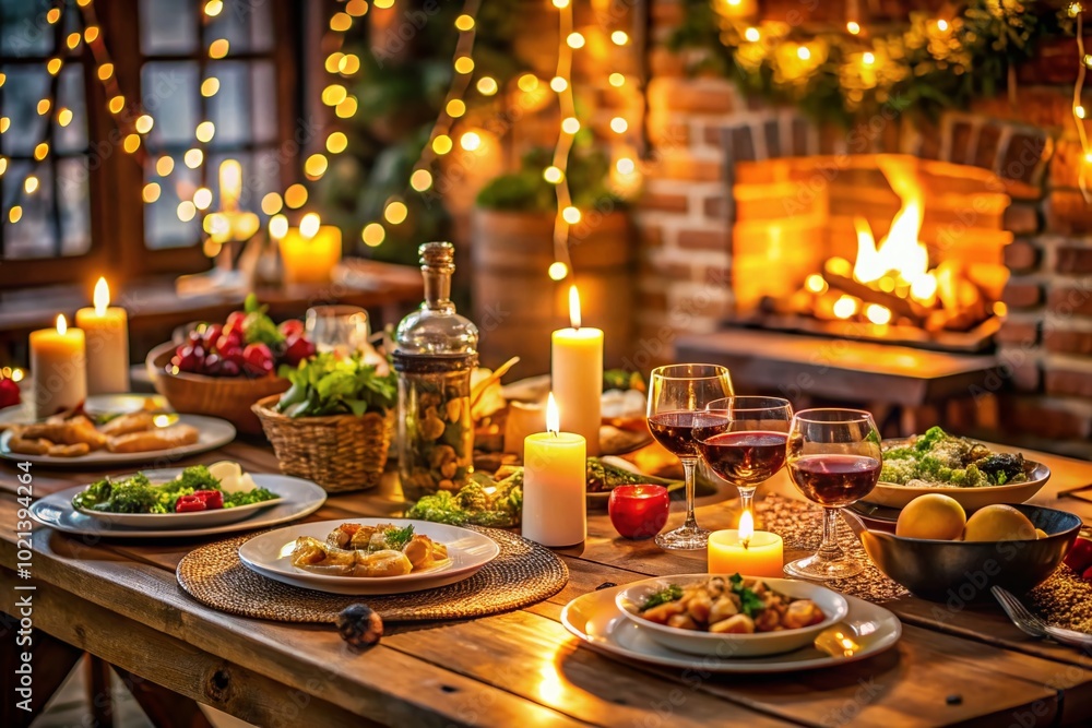 Enjoying Dinner: A Cozy Table Setting with Delicious Food, Warm Lighting, and Inviting Atmosphere for Memorable Moments Enjoying Dinner: A Cozy Table Setting with Delicious Food, Warm Lighting, and Inviting Atmosphere for Memorable Moments
