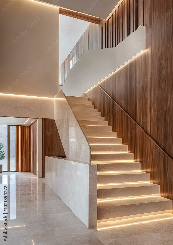 Modern Interior Design with Wooden Paneling and Marble Stairs