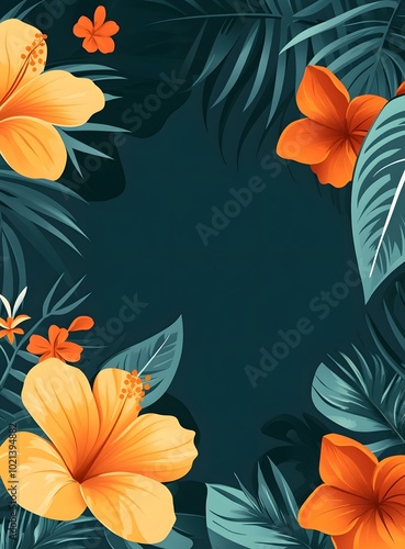 Tropical Floral Illustration with Teal Background