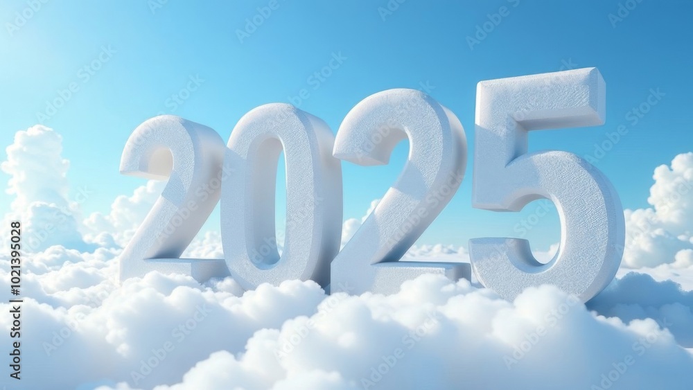 Happy New Year 2025, volumetric numbers of the year from white clouds on the blue sky Happy New Year 2025, volumetric numbers of the year from white clouds on the blue sky