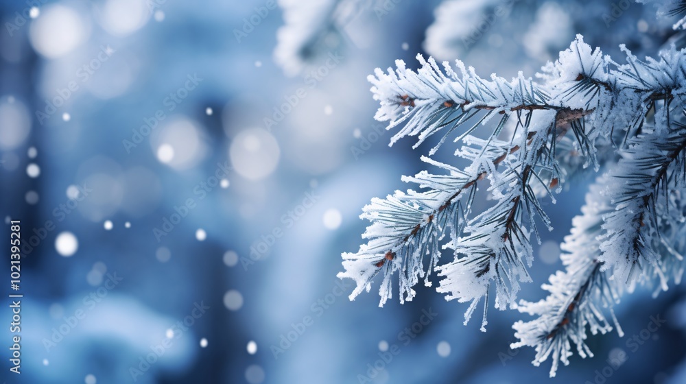 Snowflakes on a pine branch in a winter forest Snowflakes on a pine branch in a winter forest