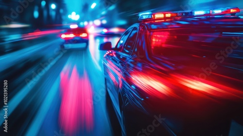 A police car with flashing lights speeds through a city at night, creating a dynamic motion effect.