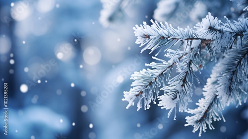 Snowflakes on a pine branch in a winter forest