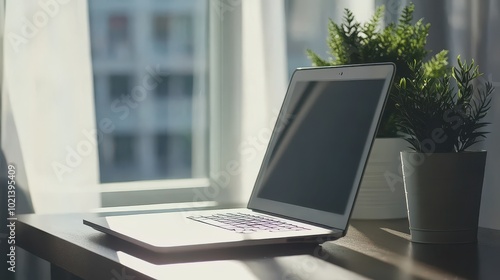 Wallpaper Mural Minimalist home office setup with a laptop and plants, productivity space Torontodigital.ca
