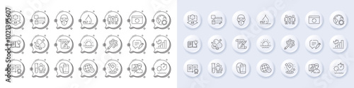 Recovery internet, Account and Product knowledge line icons. White pin 3d buttons, chat bubbles icons. Pack of Certificate, Partnership, Augmented reality icon. Vector