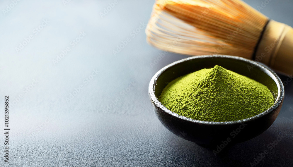 green tea in a bowl, finely ground Japanese matcha tea powder in a traditional black ceramic bowl. The vivid green hue of the matcha stands out against the subtle background, tea whisk green tea in a bowl, finely ground Japanese matcha tea powder in a traditional black ceramic bowl. The vivid green hue of the matcha stands out against the subtle background, tea whisk