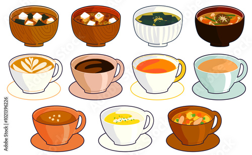 色々な椀物とスープ飲料のイラストセット