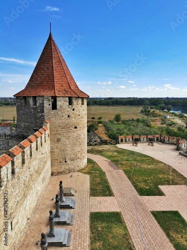 Wall and tower of Bender Fortress in Transnistria, Moldova, close up view. Architectural monument of the 16th century.