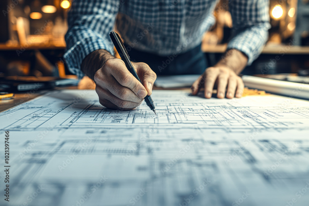 Creative Architect at Work Designing Construction Project Blueprint with Engineering Creative Architect at Work Designing Construction Project Blueprint with Engineering