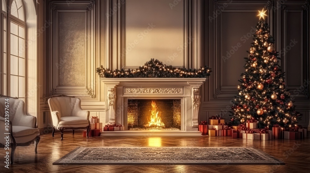 Fototapeta premium Festive interior with decorated Christmas tree and fireplace