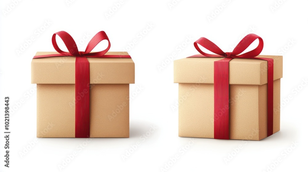 Obraz premium Gift boxes with the red ribbons in eco paper isolated on the white background