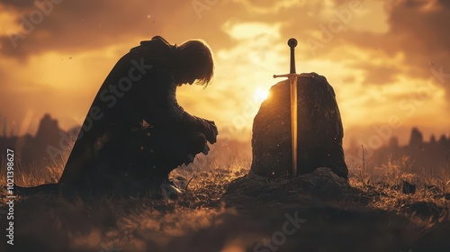 A young knight kneeling before a magical sword embedded in a stone, destiny and legacy, fantasy and heroism photo