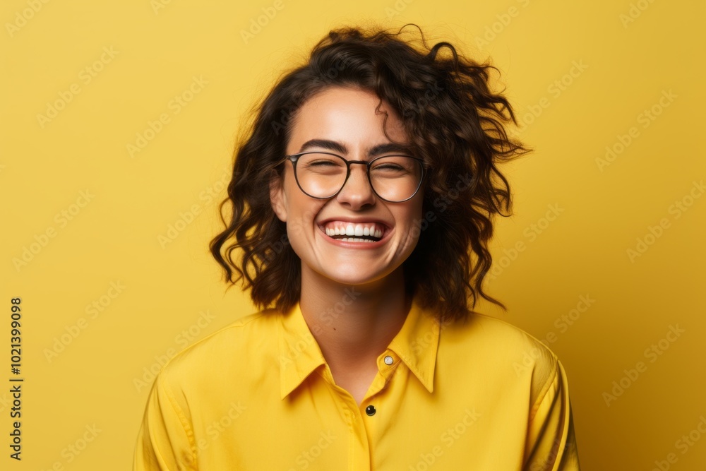 Cheerful young woman in yellow shirt and eyeglasses on yellow background Cheerful young woman in yellow shirt and eyeglasses on yellow background