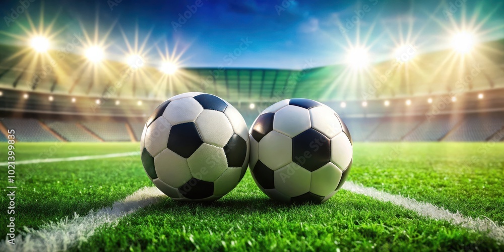 Fototapeta premium Two soccer balls resting on the green grass of a stadium field, bathed in sunlight with the stands blurred in the background