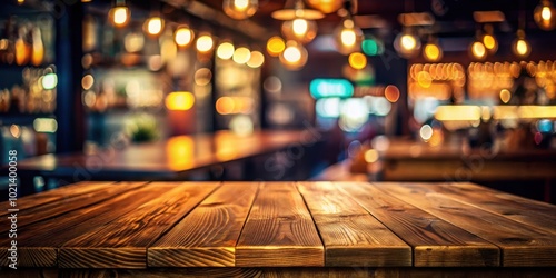 A close-up view of a wooden table surface with warm lighting creating a cozy atmosphere in the background