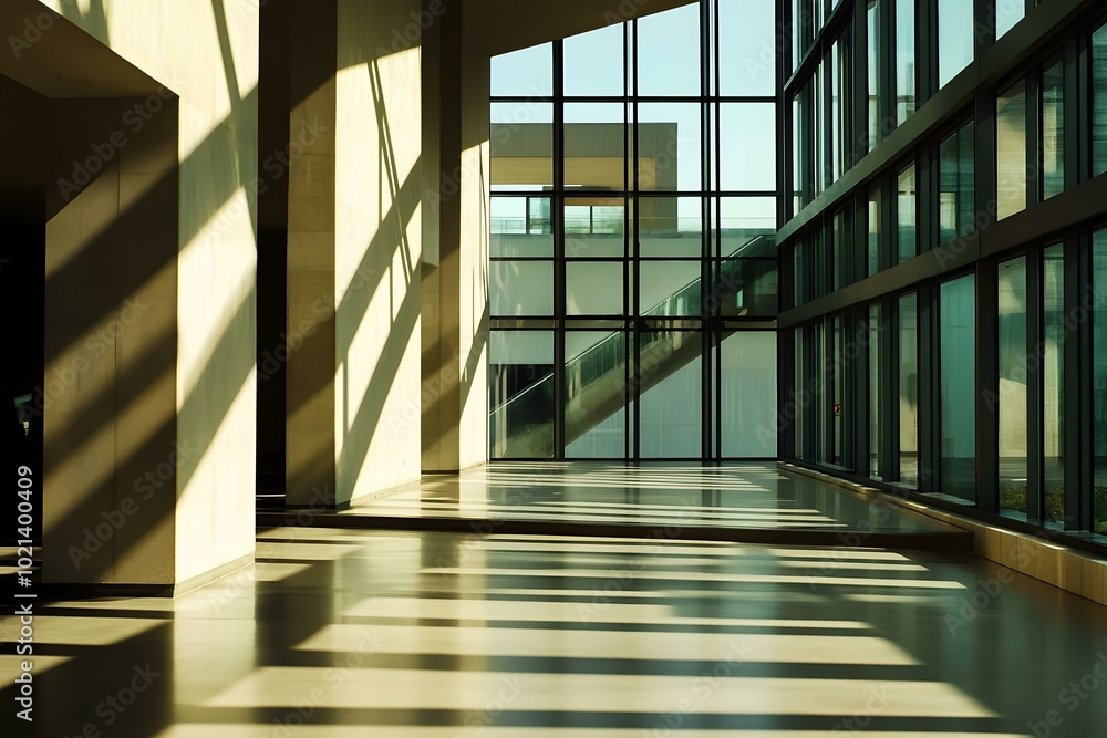 Obraz premium Modern Architecture Interior With Large Windows And Sunbeams