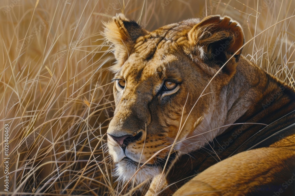 Graceful Lioness Resting in Golden Savannah Grass at Sunset Graceful Lioness Resting in Golden Savannah Grass at Sunset