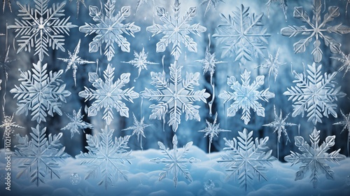 Snowflakes on a windowpane with frost designs