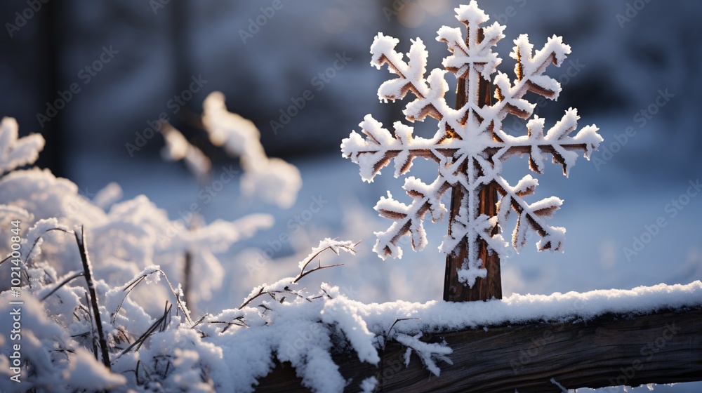 Snowflakes on a wooden fence post in winter