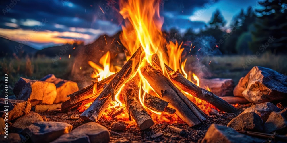 A roaring campfire surrounded by weathered stones, with the flames casting a warm glow against a backdrop of twilight sky and distant hills. A roaring campfire surrounded by weathered stones, with the flames casting a warm glow against a backdrop of twilight sky and distant hills.