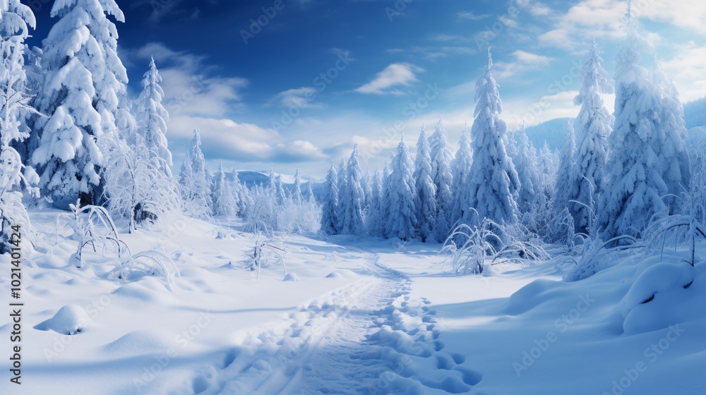 Obraz premium Snowflakes falling gently on a snowy trail