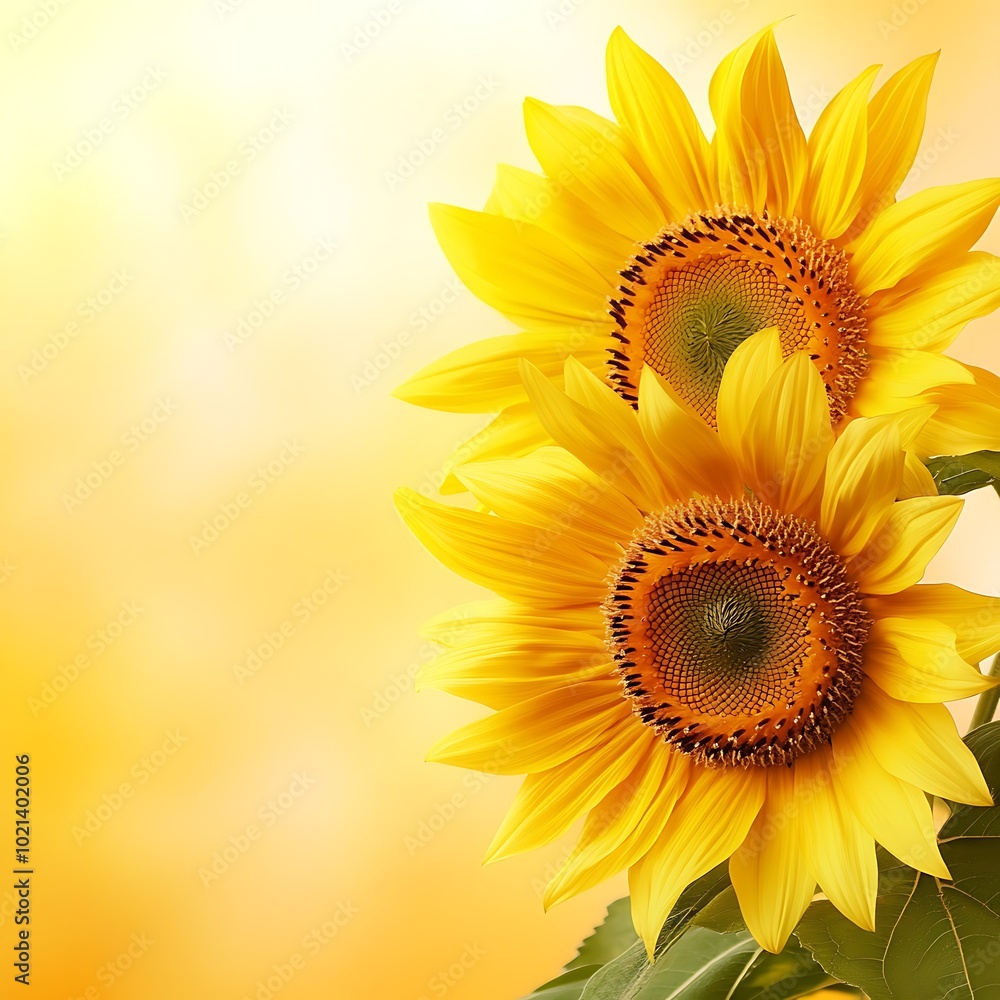 Obraz premium Two vibrant sunflowers against a soft yellow background, symbolizing beauty and positivity.
