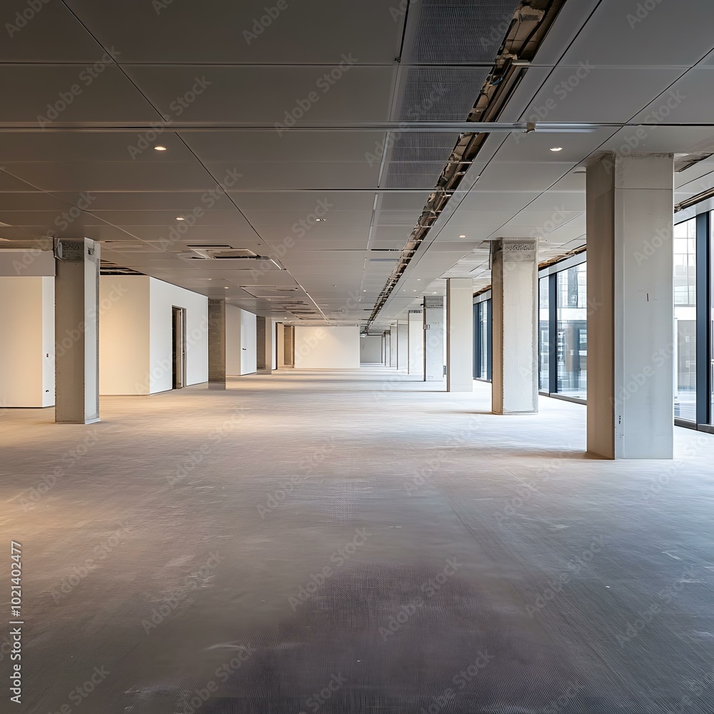 Empty Modern Office Space with Concrete Columns and Large Windows Empty Modern Office Space with Concrete Columns and Large Windows